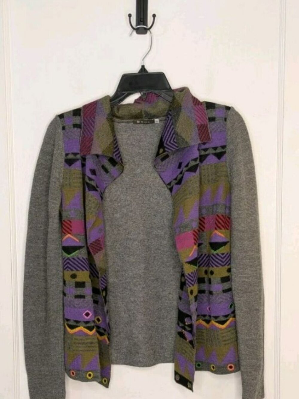 Sol Alpaca Baby Alpaca Gray Purple Geometric Knit Open Cardigan Sweater Size XS